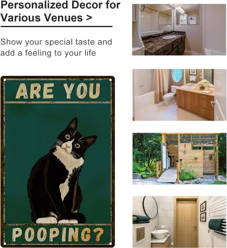 Miniatura 8 de ALKB Letrero de baño con diseño de gato esmoquin, divertido letrero de metal de 8 x 12 pulgadas – Are You Pooping – Decoración de pared de gloria