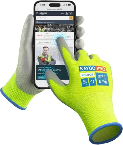 Miniatura 8 de KAYGO KG11PB - Guantes de seguridad con revestimiento delgado de poliuretano, tejido sin costuras, agarre suave en palma y dedos, para trabajo Verde
