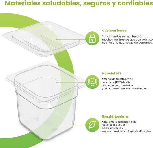 Miniatura 3 de Paquete de 6 sartenes de plástico para alimentos con tapa, tamaño 1/6, 4 pulgadas de profundidad, recipientes transparentes para almacenamiento de 6