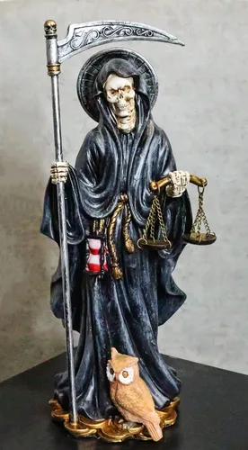Miniatura 3 de Ebros Gift Figura de Santa Muerte de pie con guadaña y escalas de justicia con búho sabio de 10.25 pulgadas de alto, hueso de la muerte sagrada