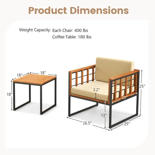 Miniatura 5 de Tangkula Juego de sillas de patio de 3 piezas, juego de sofá de madera de acacia para exteriores con soporte de metal, asiento suave y cojines