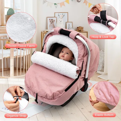 Miniatura 4 de Funda de Asiento de Coche de Invierno para Bebé, Funda de Asiento de Coche con Forro de Felpa Sherpa y Forro de Lana, Toldo de Asiento de Coche Rosa