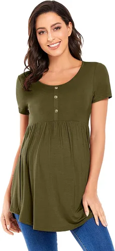 Miniatura 4 de POSHGLAM Camisetas de maternidad para mujer, cuello redondo, ropa de embarazo fruncida con acento de botón