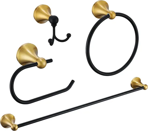 Juego de Herrajes de Baño Dorado Cepillado y Negro, Kit de Accesorios de Baño Negro y Dorado de 4 Piezas de Acero Inoxidable Barra de Toalla de 23.6
