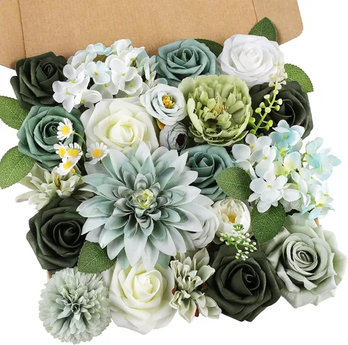 Miniatura 17 de AmyHomie - Juego de flores artificiales blancas, mezcla de seda, peonía, rosa, hortensia, margarita, con tallo, para bricolaje, centros de mesa