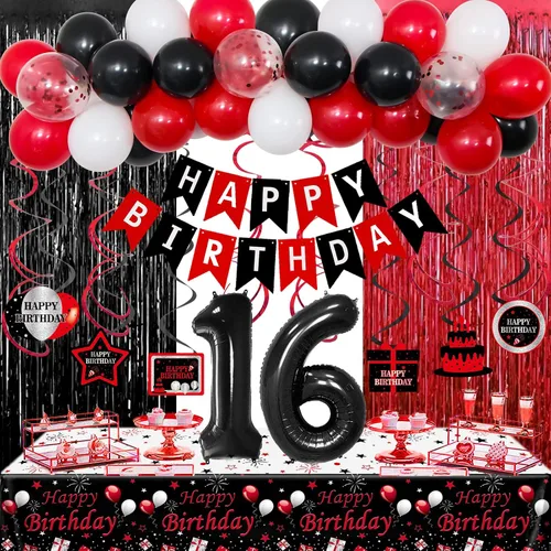 Decoraciones de 16 cumpleaños para niños y niñas, Globos de fiesta de 16 rojos y negros, Bandera número 16, Globos colgantes en espiral, Mantel,