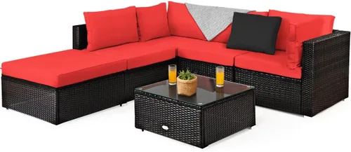 Miniatura 20 de Tangkula Patiojoy - Juego de muebles de ratán de 7 piezas, juego de conversación al aire libre con cojines y mesa de centro de vidrio templado