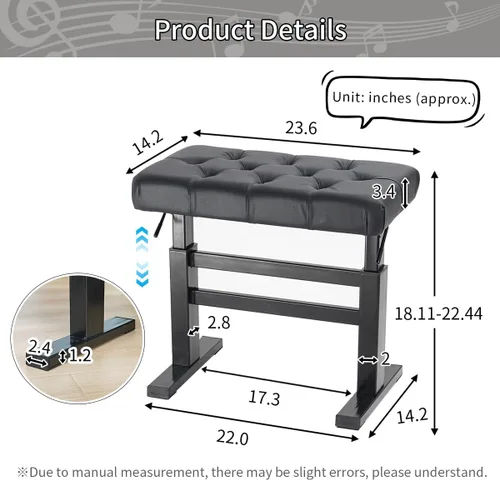 Miniatura 2 de lumizone Banco de teclado con elevación hidráulica – Banco de piano de altura ajustable, taburete de piano resistente con cuero PU de 23.62" x