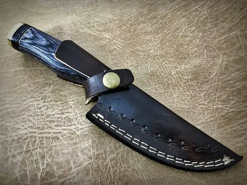 Miniatura 6 de Cuchillo de hoja fija de acero de Damasco con funda de cuero, escala de madera redonda con protector de dedo de latón y tapa, cuchillo de piel de 8