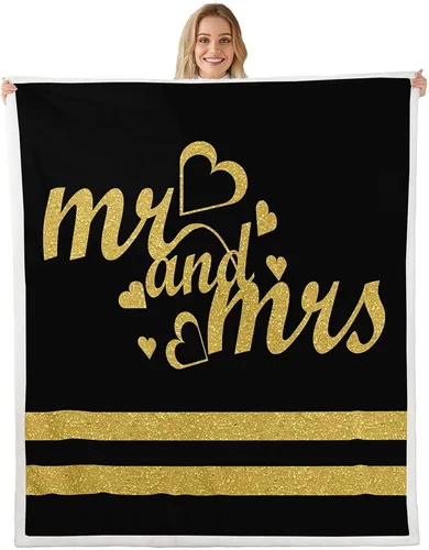 Manfei Manta de señor y señora con purpurina dorada para sofá, manta de cama con corazones brillantes para parejas amantes y adultos, manta de forro