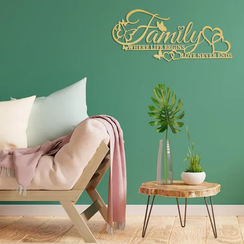 Miniatura 5 de Letrero de metal familiar para pared, con texto en inglés "Where Life Begins Love Never Ends Heart Butterflies", escultura para colgar en la pared
