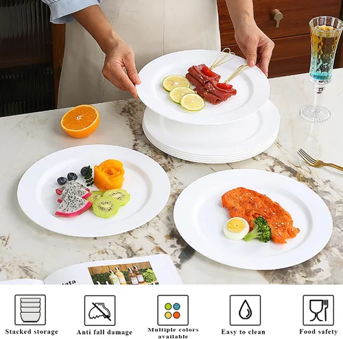 Miniatura 4 de Berglander Juego de 8 platos de plástico blanco de 10 pulgadas, platos planos reutilizables para ensalada, cuencos para pasta, juego de platos