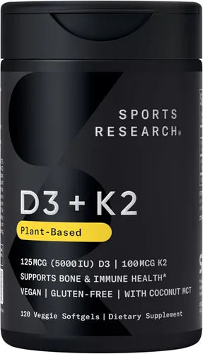 Sports Research® Vitamina D3 + K2 con aceite de coco, vitamina D vegana 5000iu y vitamina K Mk7 de 100 mcg para apoyo óseo e inmunológico,