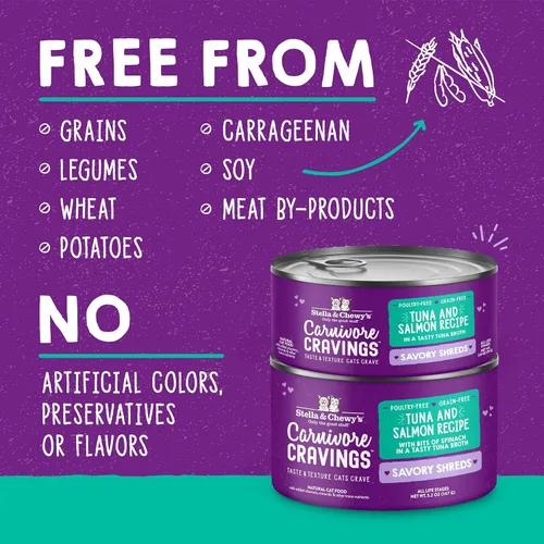 Miniatura 3 de Stella & Chewy's Carnivore Cravings Savory Shreds Latas - Alimento húmedo para gatos sin granos, rico en proteínas, receta de atún y salmón