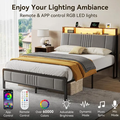 Miniatura 4 de BedsPick Base de cama tamaño completo con cabecera ergonómica, plataforma de metal tapizada tamaño completo con almacenamiento de 2 niveles