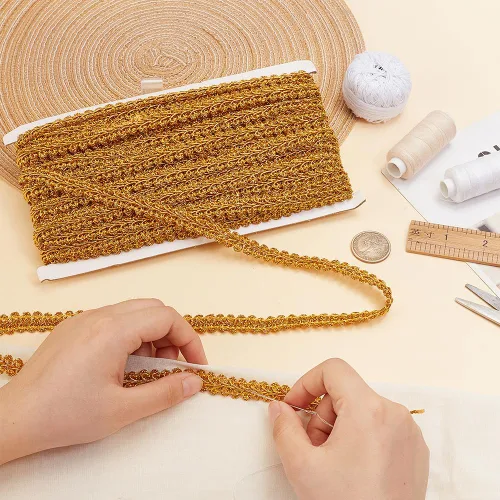 Miniatura 3 de PandaHall Gimp - Ribete trenzado de tela de ciempiés dorado, 22.5 yardas, cinta trenzada, ajuste de encaje metálico, para bodas, novias, disfraces