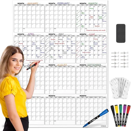 Calendario grande de pizarra blanca de 36 x 48 pulgadas, calendario de borrado en seco para pared, calendario de pared grande de borrado en seco,