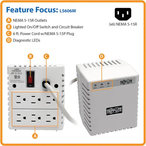 Miniatura 2 de Tripp Lite LS606M Acondicionador de energía para equipos de audio, electrodomésticos, cine en casa y más 600W, 120V, 6 tomacorrientes, regulador