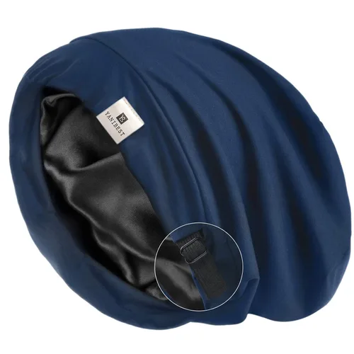 Gorro de satén de seda para dormir, color azul oscuro, ajustable, con forro de seda, para dormir por la noche
