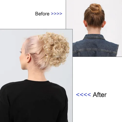 Miniatura 5 de Moño de cabello rizado desordenado, pieza de cabello sintético resistente al calor, extensiones de moño de cabello despeinado con cordón Updos Negro