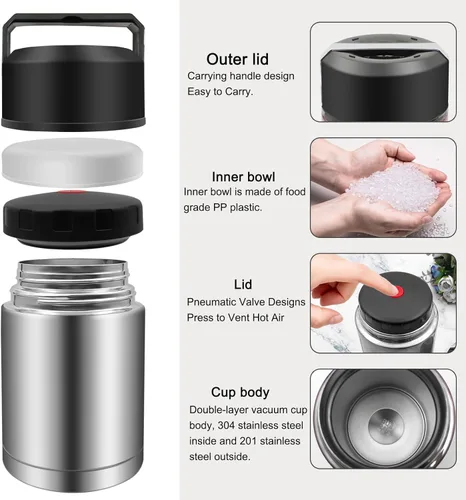 Miniatura 5 de Termo para Sopa de 35 onzas, Termo de Acero Inoxidable para Comida Caliente, Frasco Térmico de Boca Ancha para Comida, Contenedor de Almuerzo