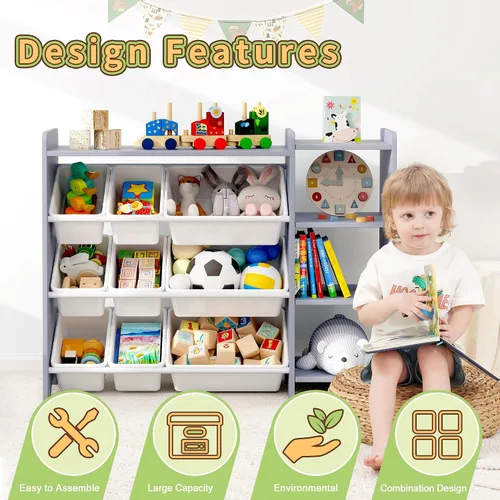 Miniatura 7 de MallBest Estante organizador de almacenamiento de juguetes para niños de 4 niveles, 100% madera maciza, armario de almacenamiento para niños con 9