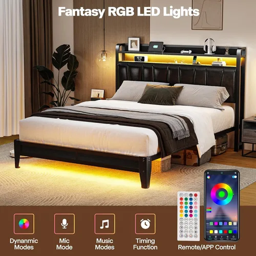 Miniatura 4 de Base de cama de tamaño matrimonial con estantes de almacenamiento de 2 niveles, marco de cama LED con cabecera de piel sintética, cama de plataforma