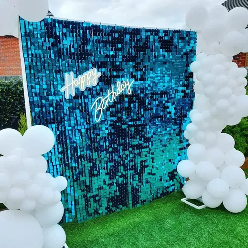 Miniatura 7 de COKAOBE Fondo de pared azul turquesa brillante, 24 piezas de panel de fondo cuadrado de lentejuelas brillantes, fondos de fotos para cumpleaños