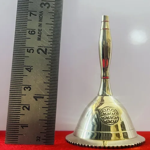Miniatura 4 de Indian Consigners Campana de mano de latón con sonido fuerte, campanas de altar, péndulo de 3 pulgadas (Flor de la Vida)