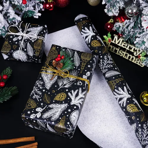 Miniatura 3 de Papel de regalo de Navidad, papel de regalo de Navidad de papel kraft negro y dorado con lámina, rollo jumbo, papel de regalo negro y blanco