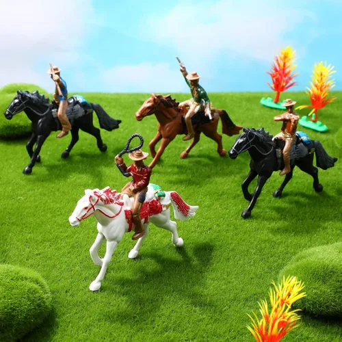 Miniatura 4 de Cowboy Toys Riding Horse Figurines: 4 piezas de figura de acción de vaquero Western Rodeo Toys - Figuras de caballos de plástico con jinete