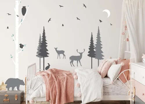 Miniatura 4 de PapaKit Calcomanía de pared de pino y abedul del bosque (paquete esencial) para bebés, niñas, niños, guardería, niños, adolescentes, decoración