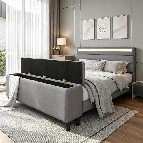Miniatura 9 de E-Motie Marco de cama tamaño matrimonial con cabecero, cama tapizada con plataforma y otomano con almacenamiento, luces LED y estación de carga