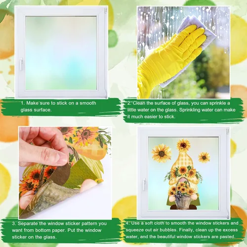 Miniatura 4 de Whaline Calcomanías para Ventana de Primavera Verano Gnomo Girasol Calcomanías de Ventana de Doble Cara Acuarela Mariposa Flor Calcomanía Pegatina