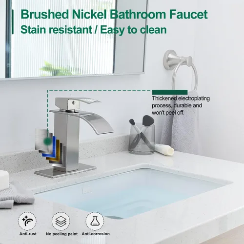 Miniatura 7 de VOTON Grifos de Baño Cascada Níquel Cepillado Modernos de Una Sola Manija Grifo de Lavabo para 1 o 3 Orificios con Placa de Cubierta y Desagüe
