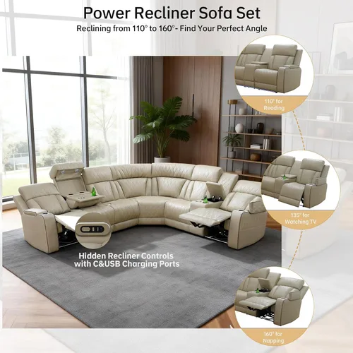 Miniatura 5 de Juego de sofá reclinable eléctrico, juegos de muebles de sala de estar, juego de sofá modular de cuero con luces LED, portavasos, consola