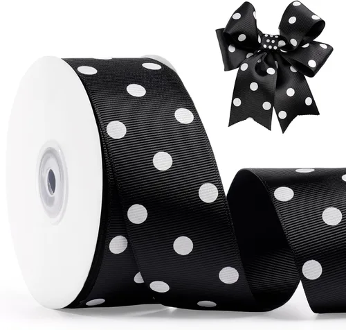 Cinta de grogrén con lunares de 1.5 pulgadas, 23 metros, carrete de cinta negra y blanca para envolver regalos de Navidad, manualidades DIY, lazos