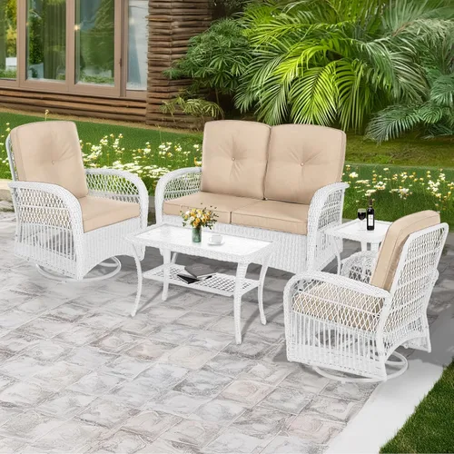 Miniatura 42 de MEETWARM Juego de 3 piezas de mimbre giratorio para patio al aire libre, mecedoras, juegos de muebles de patio de ratán con cojín grueso y mesa