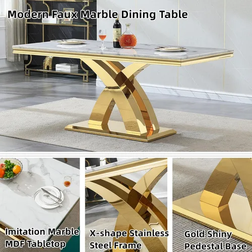 Miniatura 5 de Juego de mesa de comedor de 5 piezas moderno de mármol sintético para 4, mesa de cocina de lujo de mármol sintético de 68 pulgadas de largo con 4
