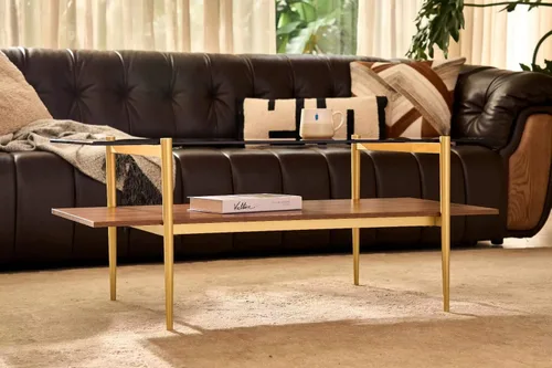 Miniatura 5 de Shrine - Mesa de café rectangular, diseño moderno de mediados de siglo, estructura de 2 niveles, parte superior de vidrio ámbar y estante de MDF