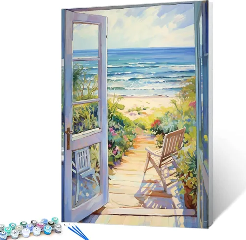 Miniatura 29 de Kit de pintura al óleo para ventana de playa, paisaje, por números, 16 x 20 pulgadas, lienzo, flores, paisaje, bricolaje, pintura al óleo para Pbn