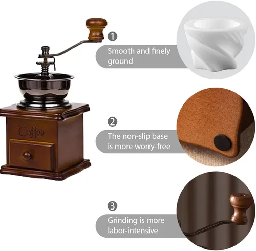 Miniatura 3 de Molinillo de café manual vintage, ajuste de engranaje ajustable con rebabas cónicas de cerámica, molinillo de café de mano antiguo para uso
