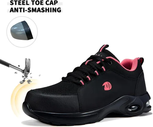 Miniatura 2 de Delobi Zapatos de punta de acero para mujer, zapatos de trabajo de seguridad, antideslizantes, cómodos, ligeros, con amortiguación de aire, zapatos