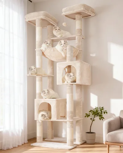 Hey-brother Torre de árbol alto para gatos, postes rascadores resistentes con plataformas grandes, condominios acogedores, hamaca grande, bolas de
