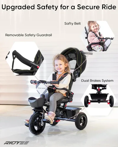 Miniatura 4 de RIDYEE Triciclo 7 en 1 para 18 meses a 5 años, neumáticos de goma todo terreno, frenos de doble rueda, asiento giratorio para niños pequeños de 1.5