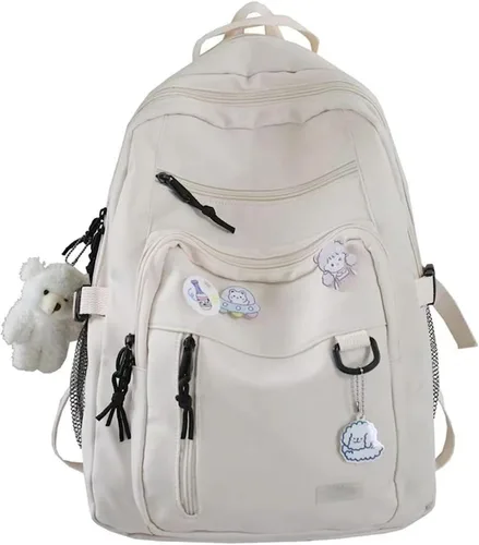 Mochila estética, linda mochila Kawaii con alfileres y colgante para laptop, mochila casual para mujer, Beige, Mochilas Daypack