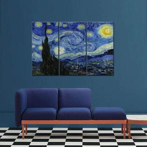 Miniatura 3 de iKNOW FOTO Lienzo grande de 3 paneles, arte de pared, noche estrellada por Van Gogh, famosas pinturas al óleo, reproducción moderna de lienzo