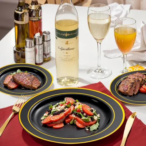 Miniatura 4 de bUCLA - 100 platos de plástico negros y dorados de 10.25 pulgadas, platos desechables con borde dorado, ideales para fiestas, graduaciones y Año