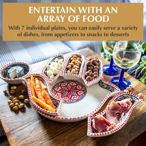 Miniatura 5 de Kamsah Hamsa - Plato para servir – 7 platos coloridos de cerámica pintados a mano para aperitivos, aperitivos, salsas y más – Platos decorativos
