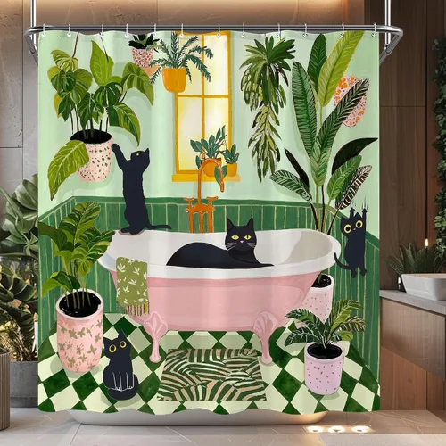 Miniatura 12 de Divertida cortina de ducha con diseño de gatos negros, estilo bohemio, bonita, divertida, para baño, gatito, verde, hojas tropicales, beige, marrón